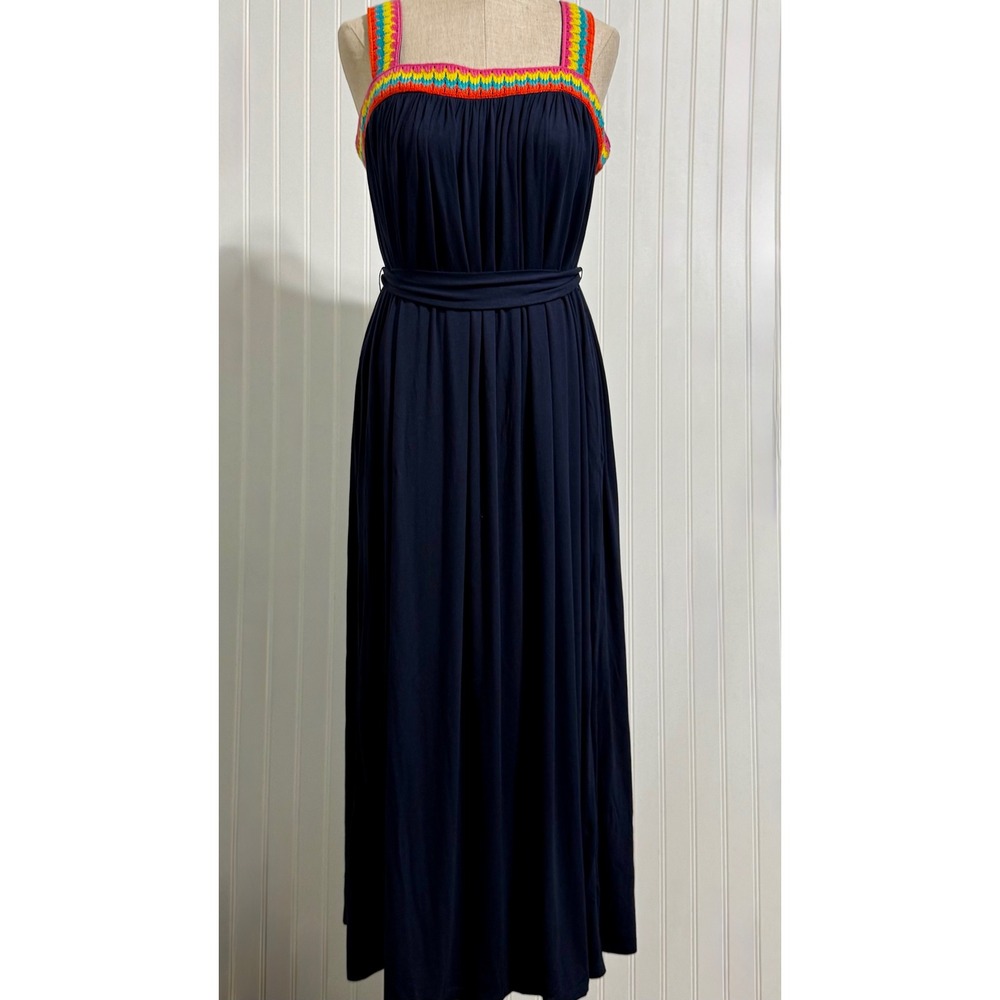 Boden Womens 6R Navy Blue Jersey Maxi Dress Crochet Rainbow Trim Boho Summe